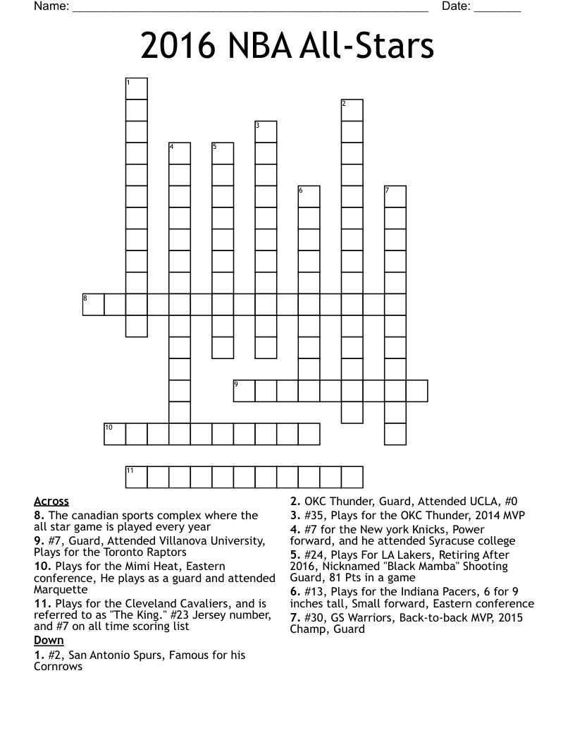 2016 NBA All Stars Crossword WordMint