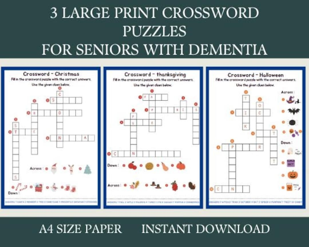 3 Crossword Puzzles Activity For Seniors Large Print Easy Worksheets For Elderly With Alzheimer s Dementia Parkinson Memory Loss Etsy
