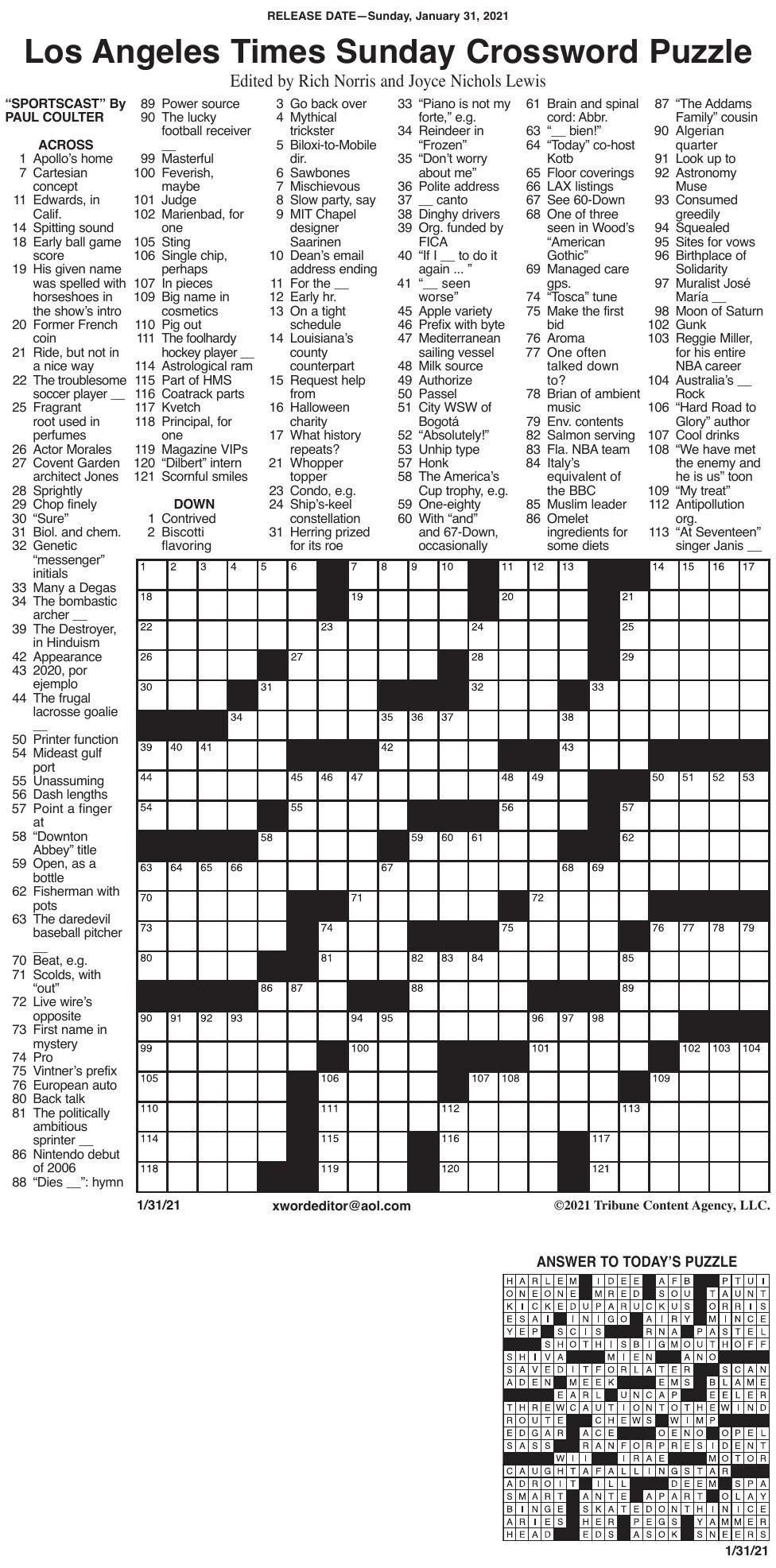 Crossword By LA Times 1 31 Messenger inquirer