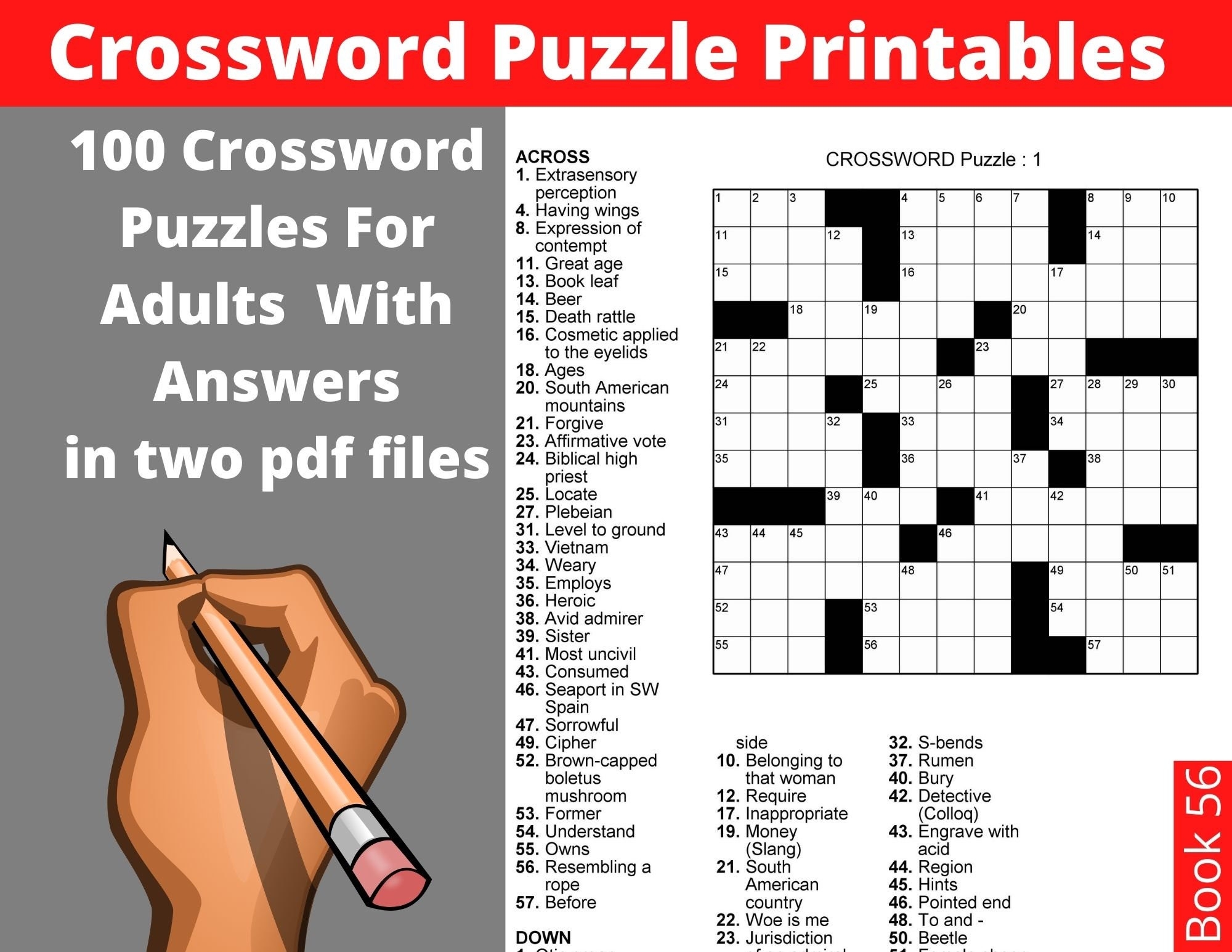 Crossword Puzzle Printables For Adults 100 Crosswords With Solutions Instant Download Large Print Fun Activities Book For Seniors Etsy New Zealand