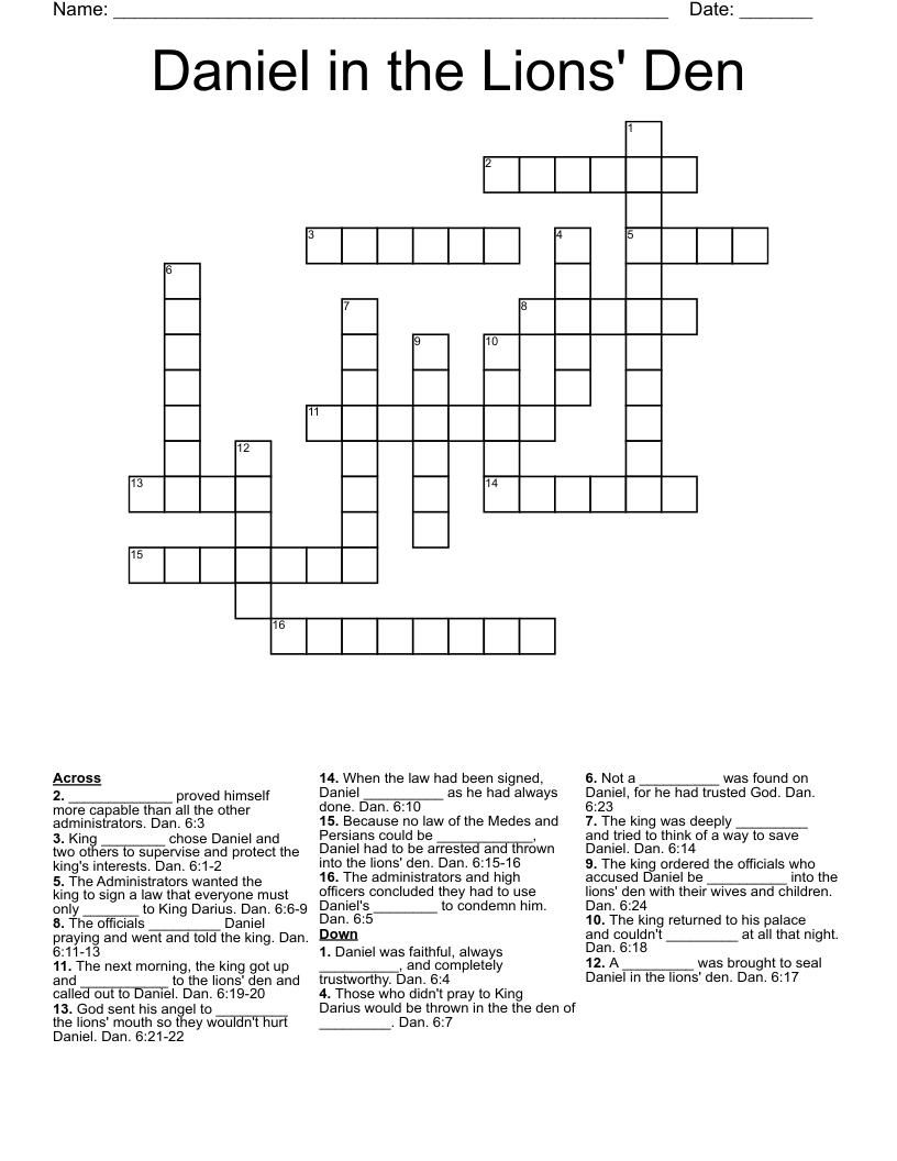 Daniel In The Lions Den Crossword WordMint