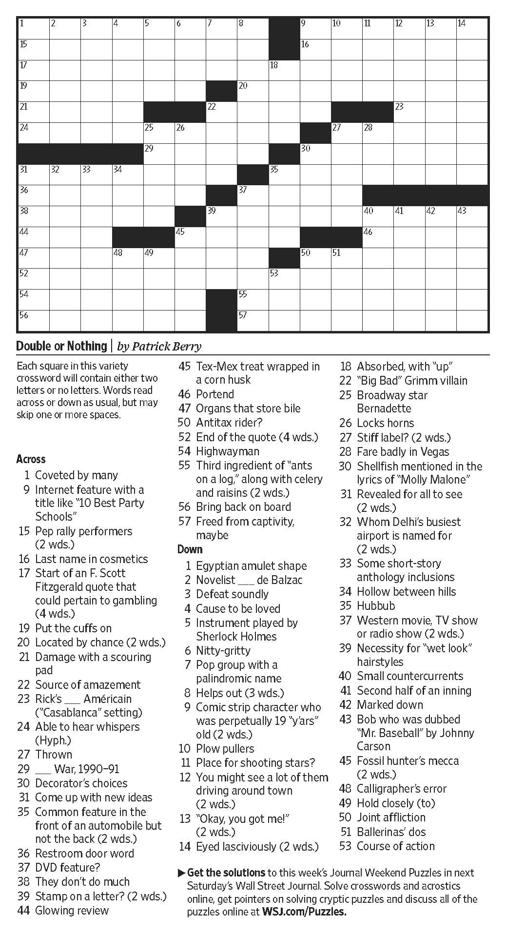 Double Or Nothing Saturday Puzzle WSJ