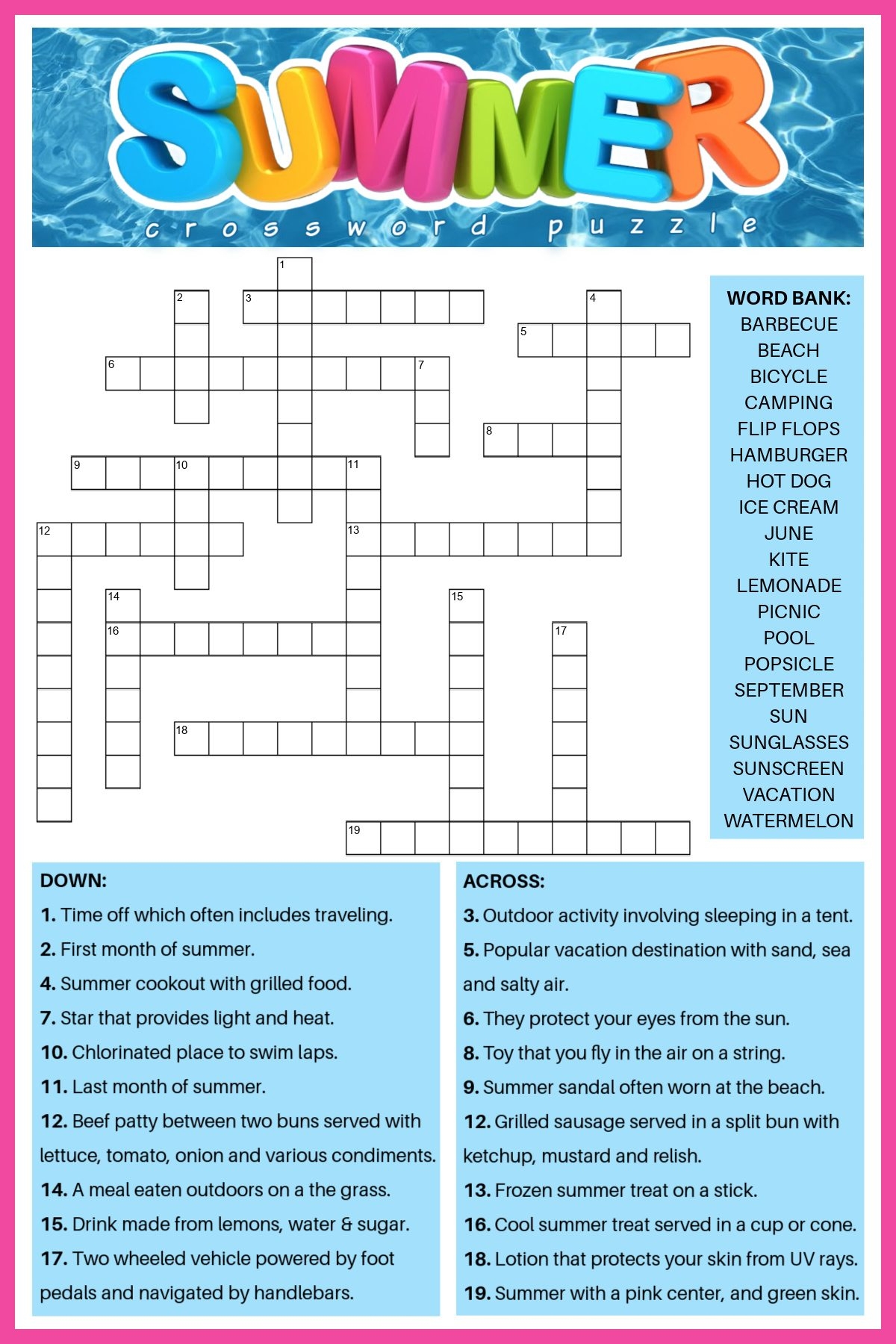 Free Summer Crossword Puzzle 2 Versions Answers Included