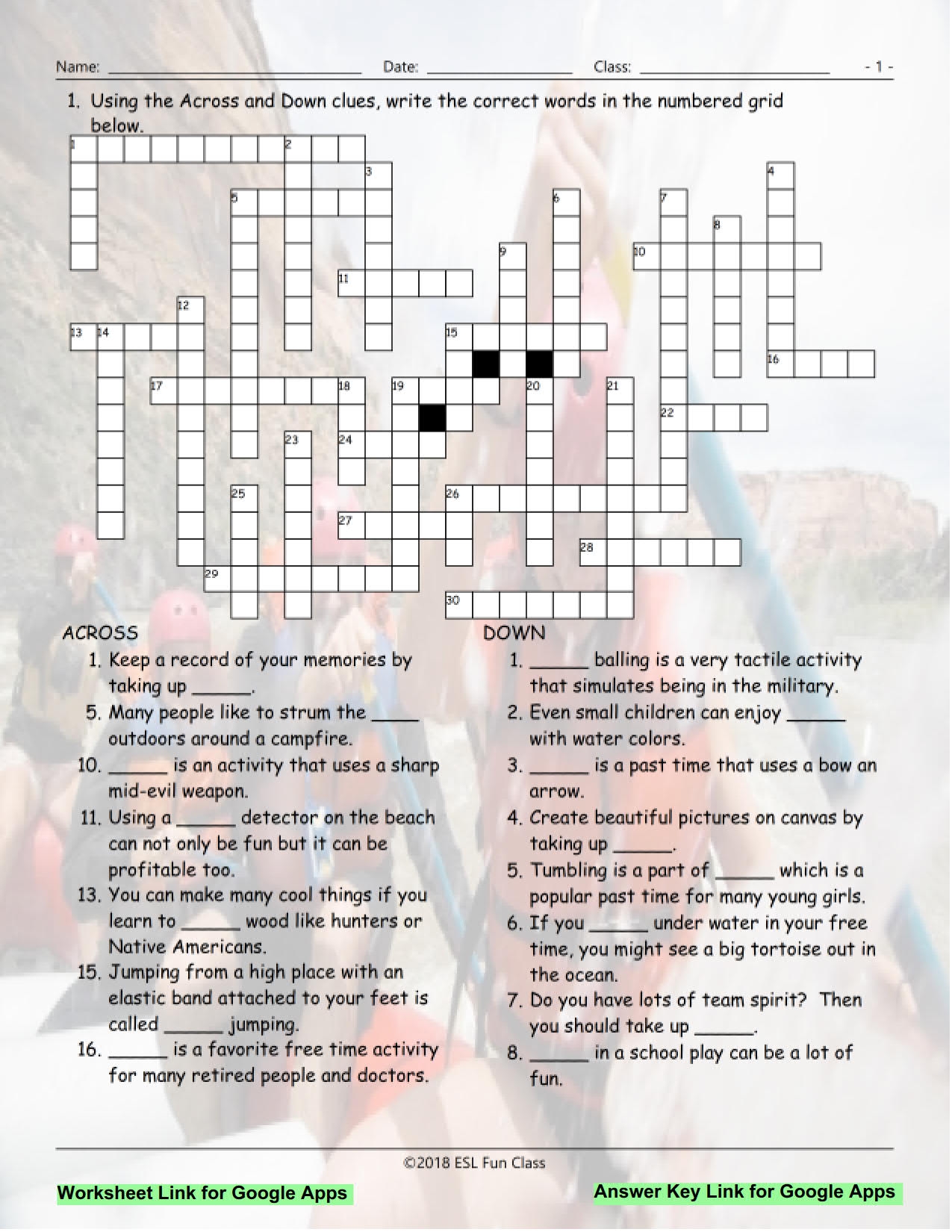 Free Time Hobbies Interactive Crossword Puzzle For Google Apps Teaching Resources