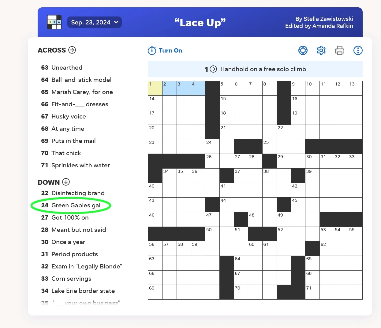 Green Gables Gal Clue In USA Today Crossword Puzzle World Of 
