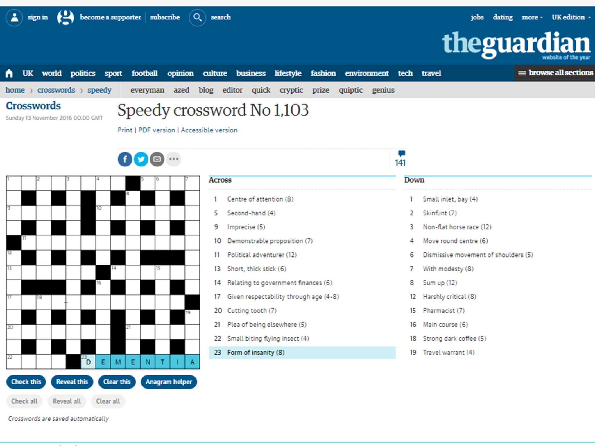 Guardian Crossword Labels Dementia a Form Of Insanity The Independent The Independent