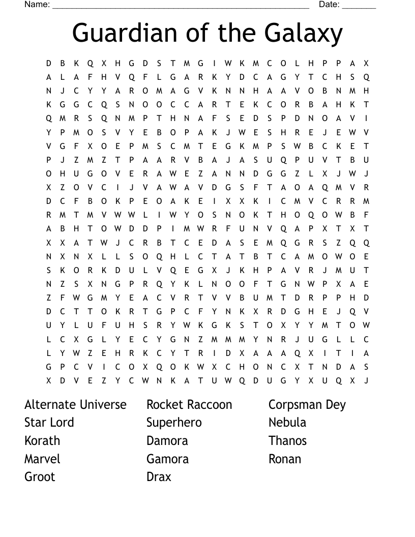 Guardian Of The Galaxy Word Search WordMint