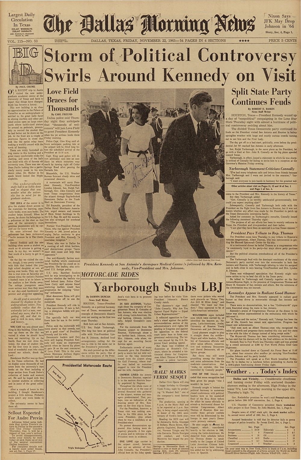 John F Kennedy Signed Dallas Newpaper Morning Of Assassination 
