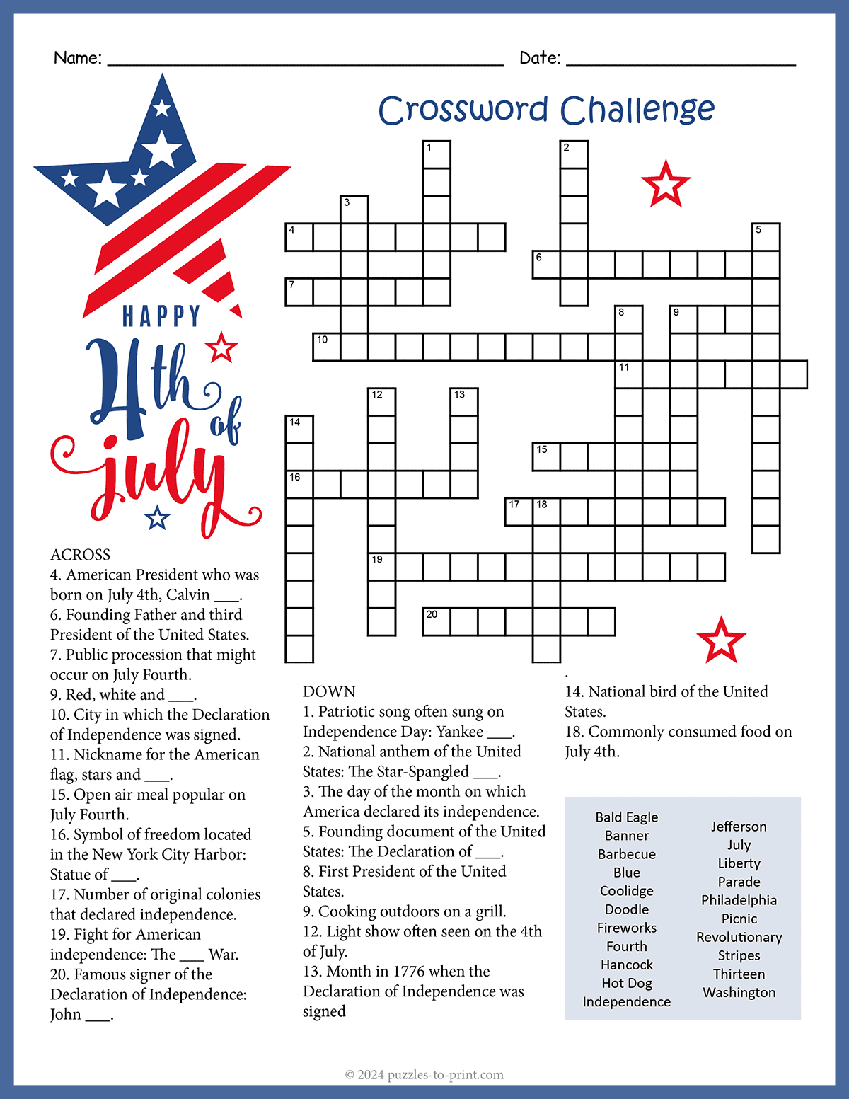 July Fourth Crossword