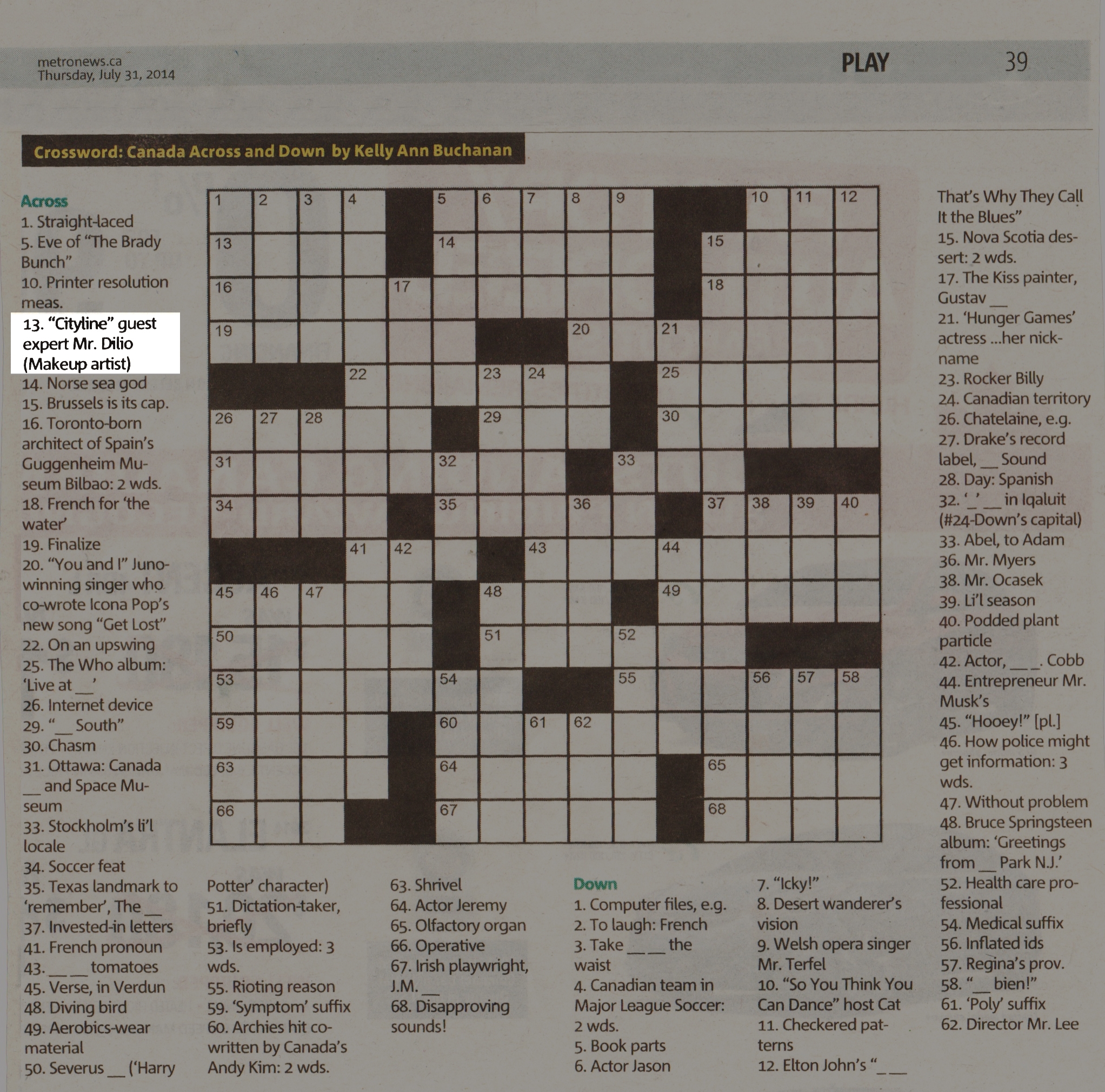 Metro News Crossword 13 Across Dino Dilio Dino Dilio Beauty Metro News Crossword 13 Across Dino Dilio Dino Dilio Beauty