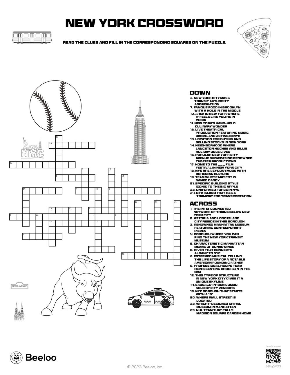 New York City themed Crossword Puzzles Beeloo Printable Crafts 