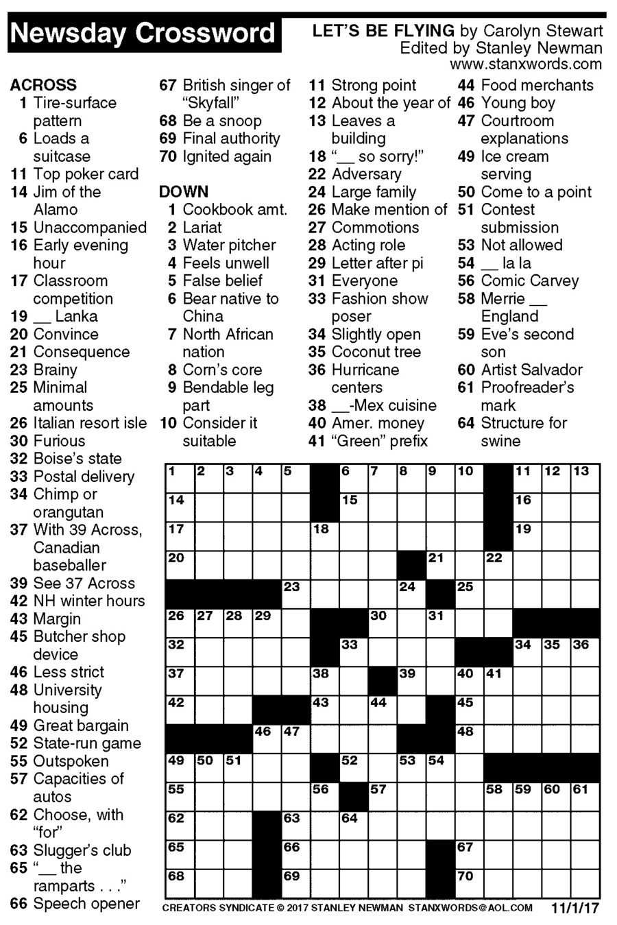 Newsday Crossword Puzzle For Nov 01 2017 By Stanley Newman