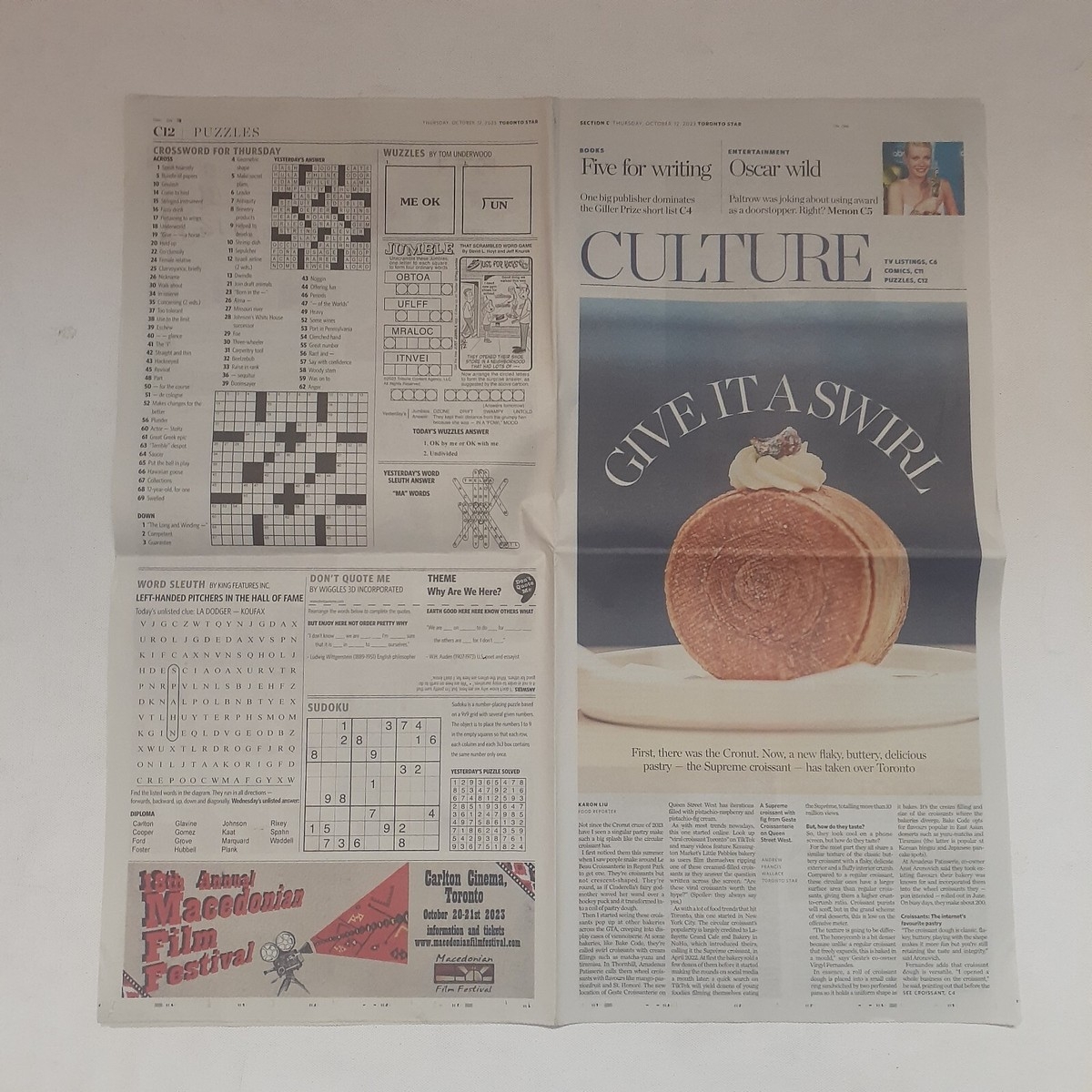 Oct 12 2023 Toronto Star Auston Matthews Croissants Gwyneth Paltrow Hall U0026 Oates EBay