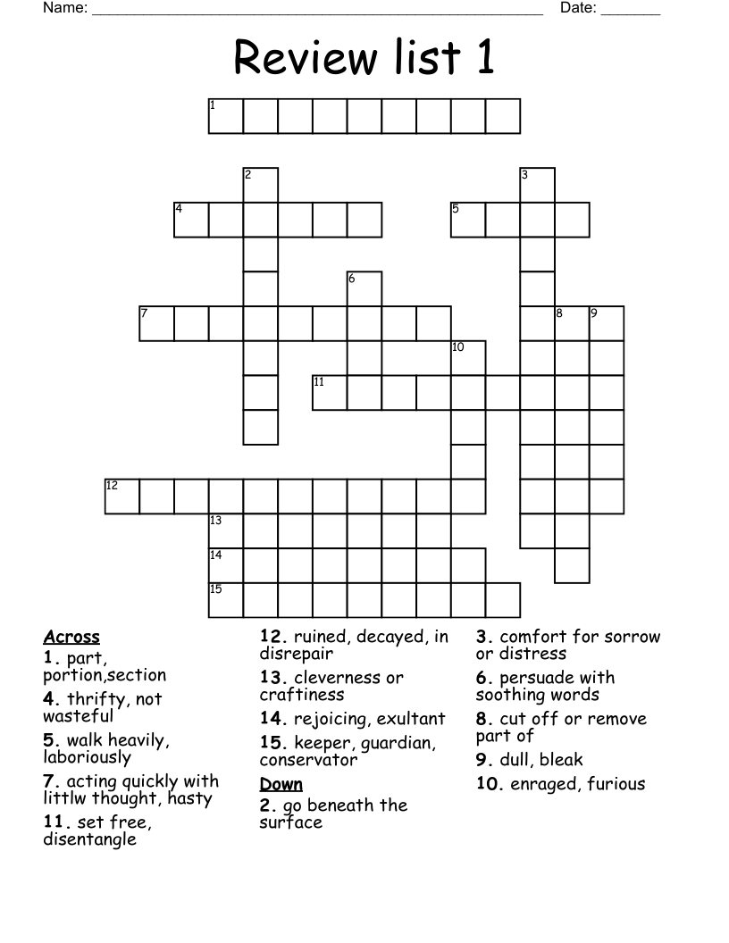 Review List 1 Crossword WordMint