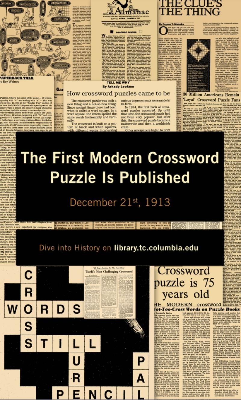 Today In History First Modern Crossword Puzzle Is Published December 2021 Blog Gottesman Libraries Teachers College Columbia University