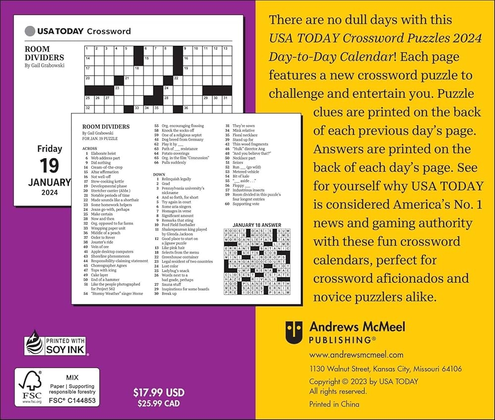 USA TODAY Crossword 2024 Day to Day Calendar USA TODAY 