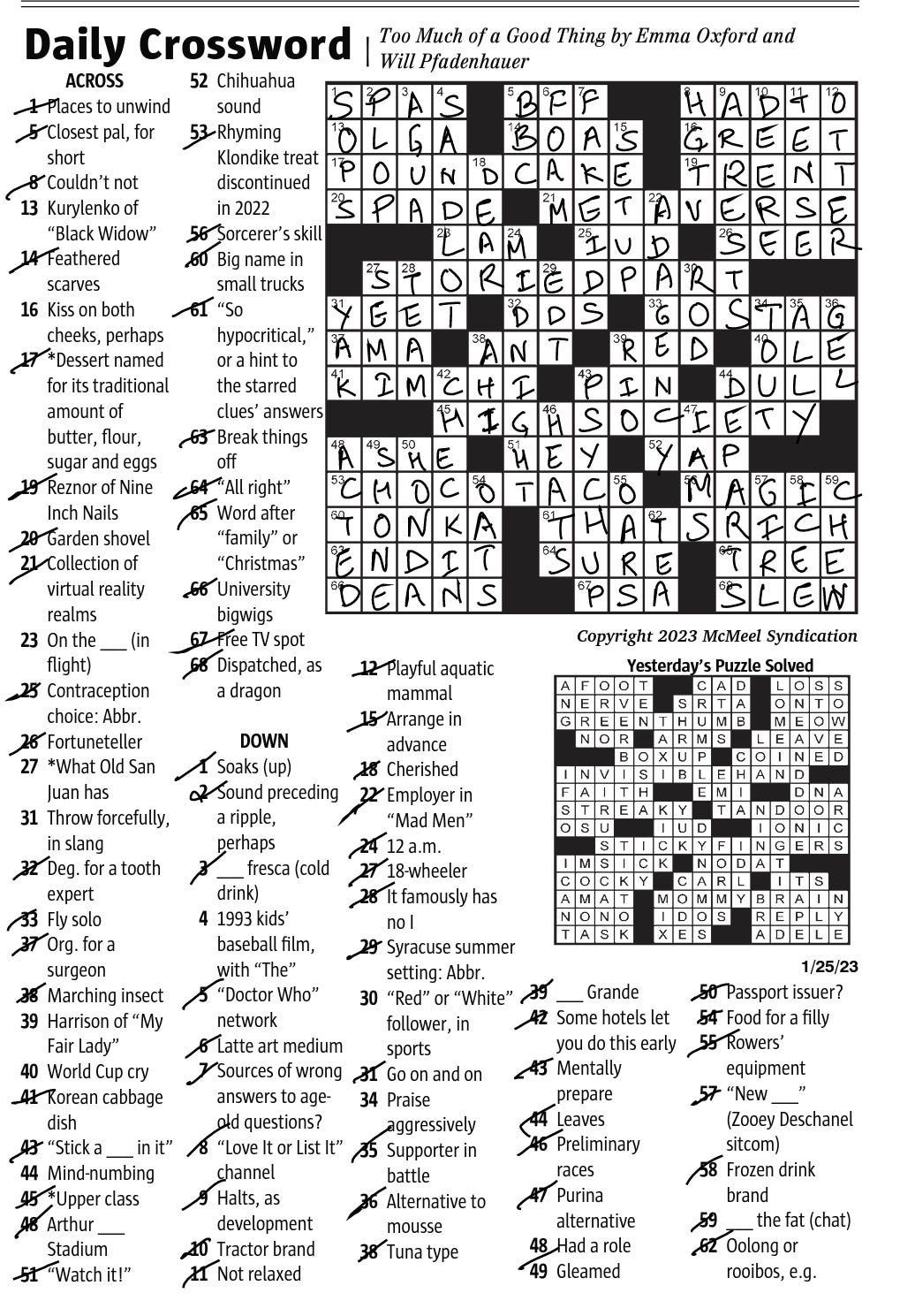 Wed 1 25 2023 Hard And Easy These Are Syndicated Crosswords From By Crossword Fan Medium