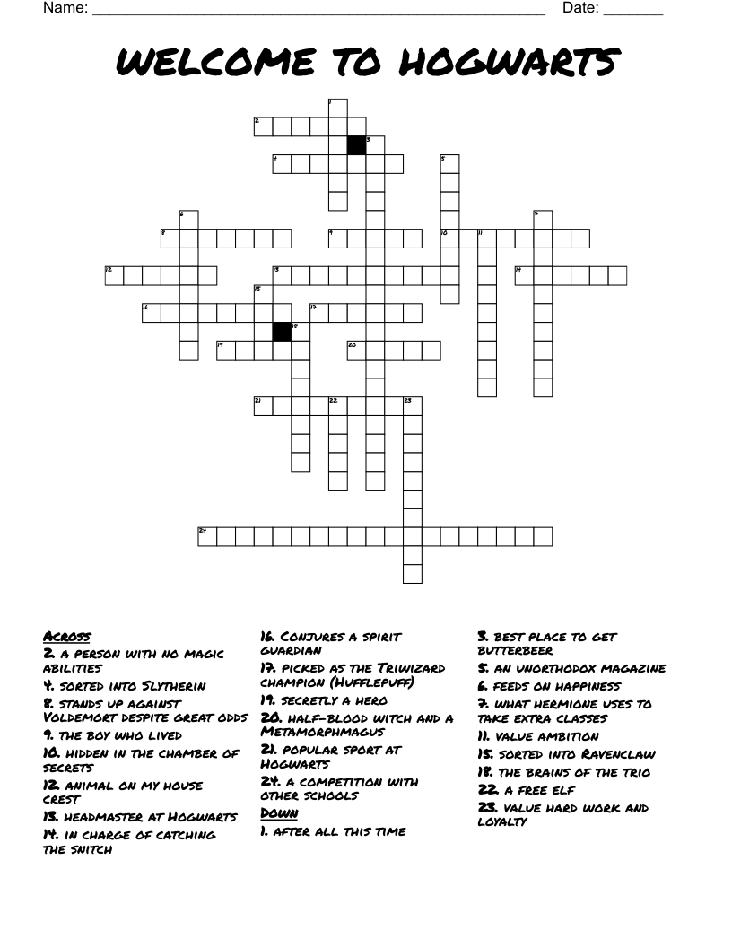 Welcome To Hogwarts Crossword WordMint