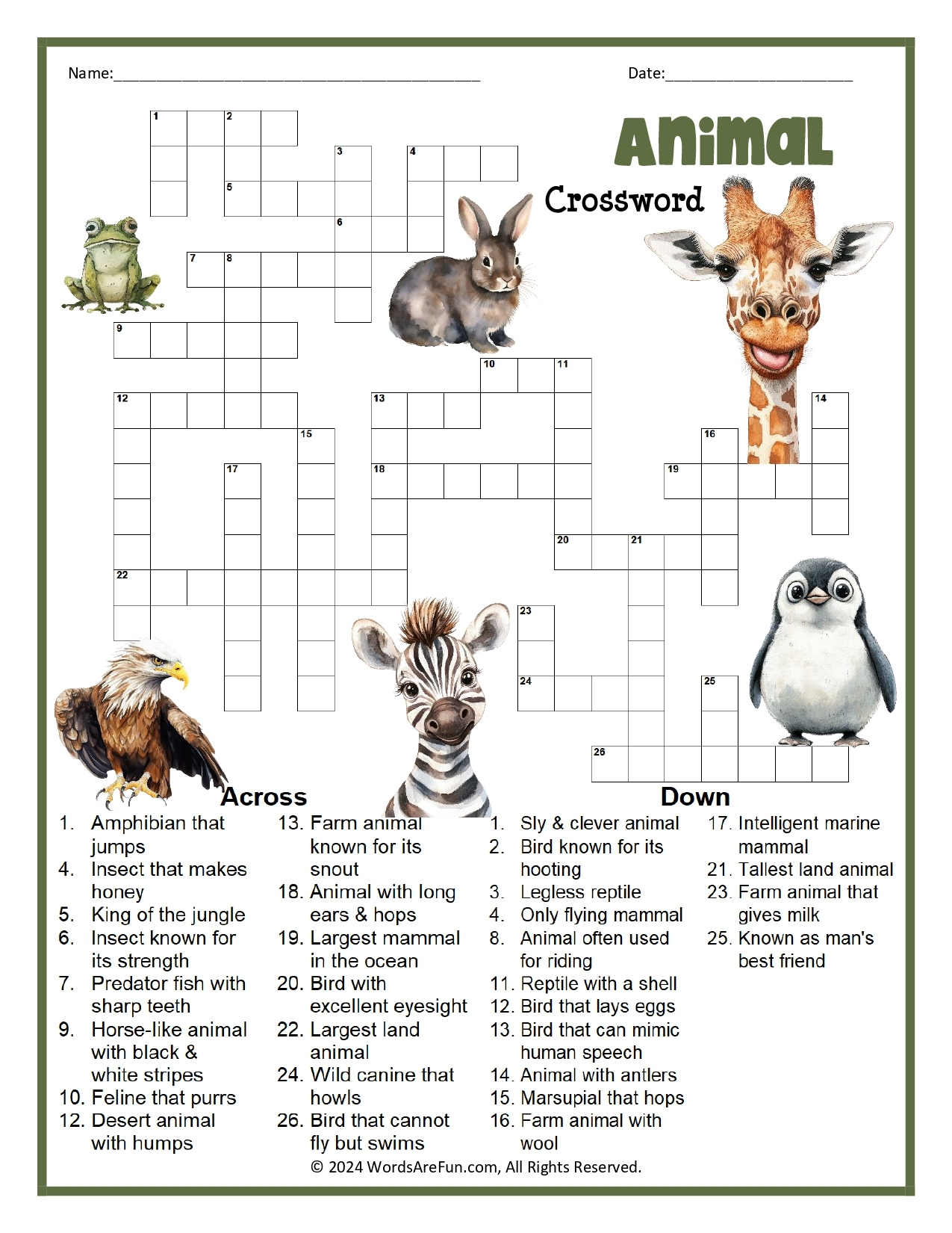 Animal Crosswords Printable FREE Printable