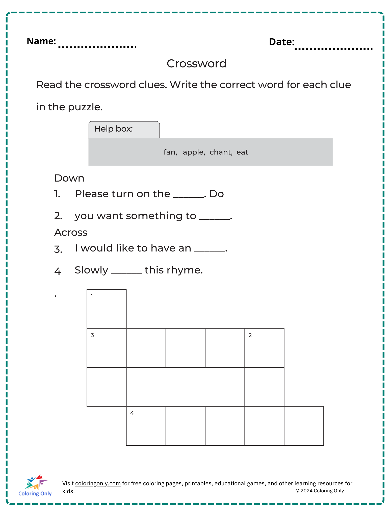 Crossword Free Printable Worksheet