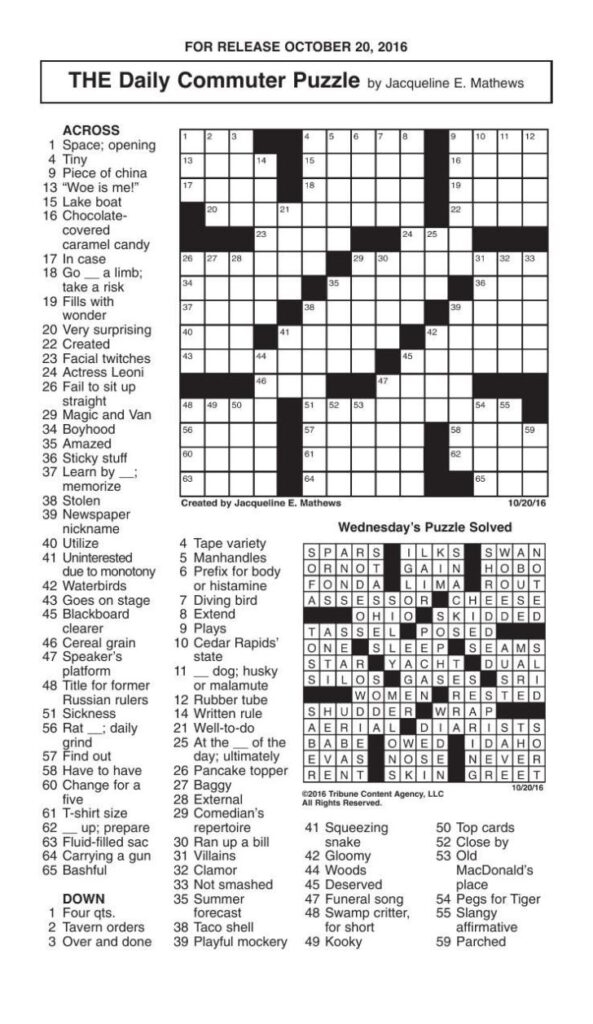Daily Commuter Crossword Puzzle Printable Free Printable Crosswords