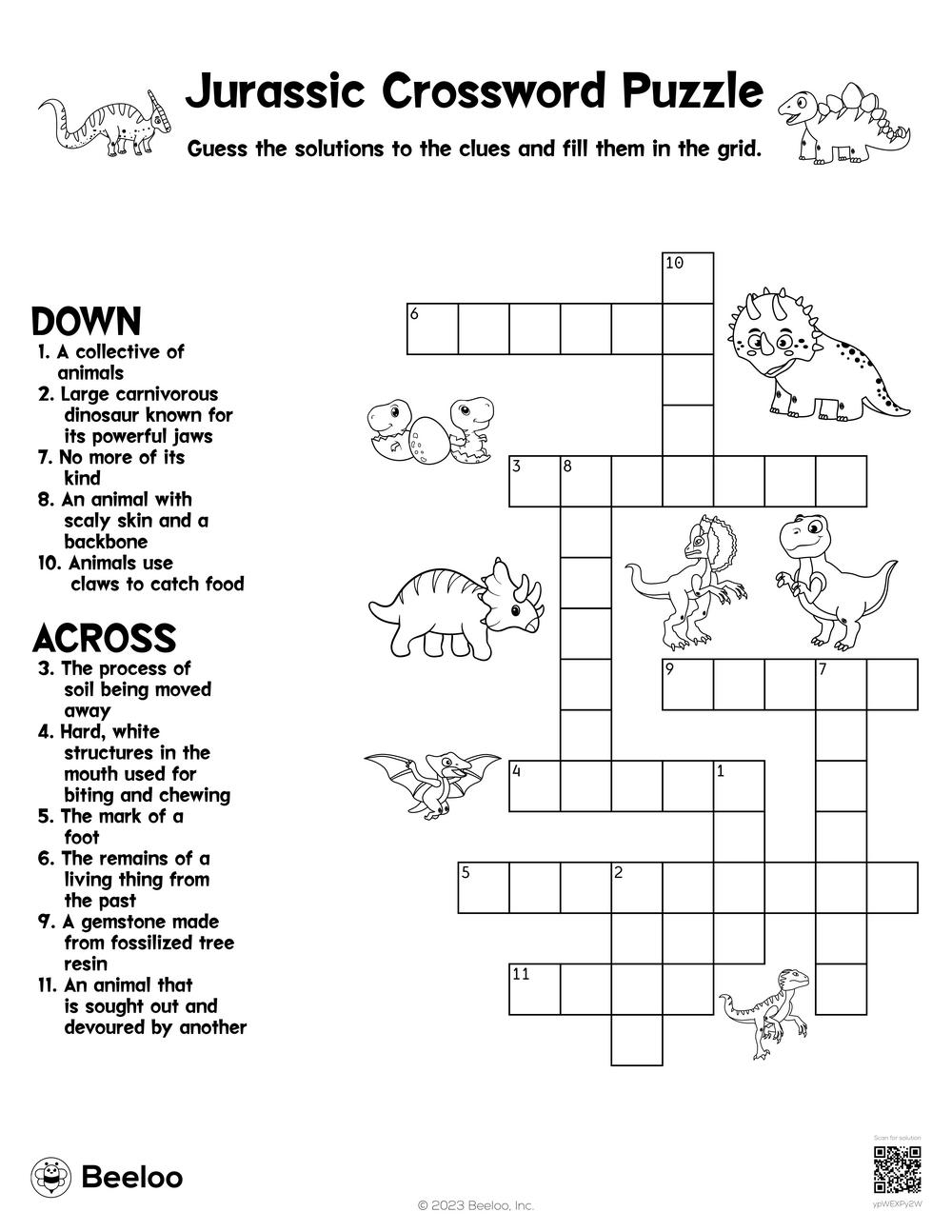 Dinosaur themed Crossword Puzzles Beeloo Printables