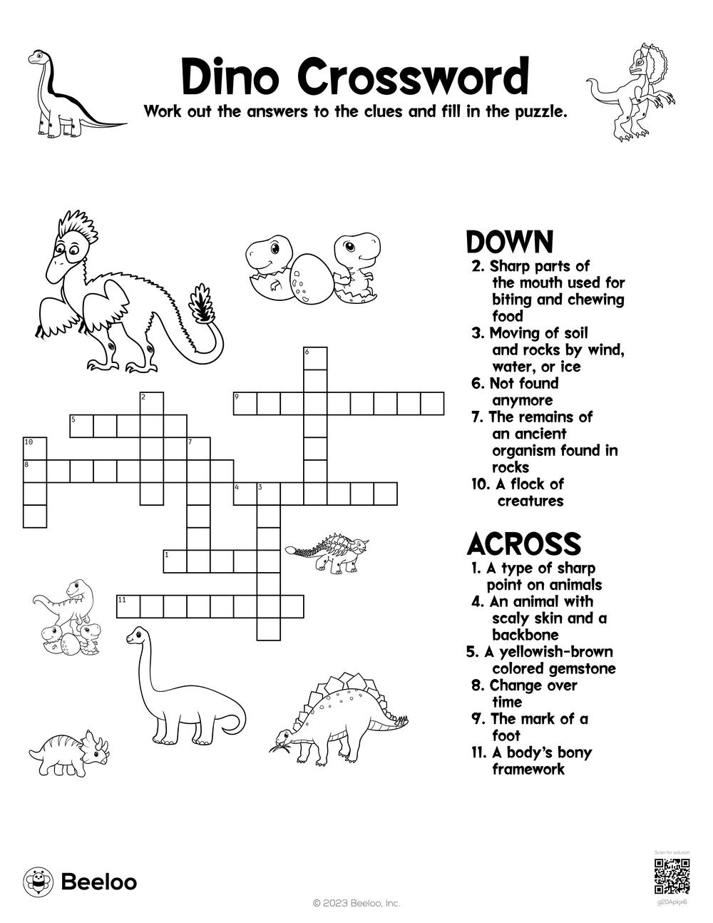 Dinosaur themed Crossword Puzzles Beeloo Printables