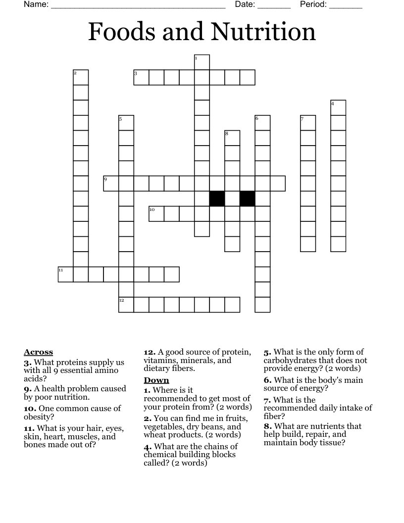 Food And Nutrition Crosswords Printable Free Crossword Puzzle