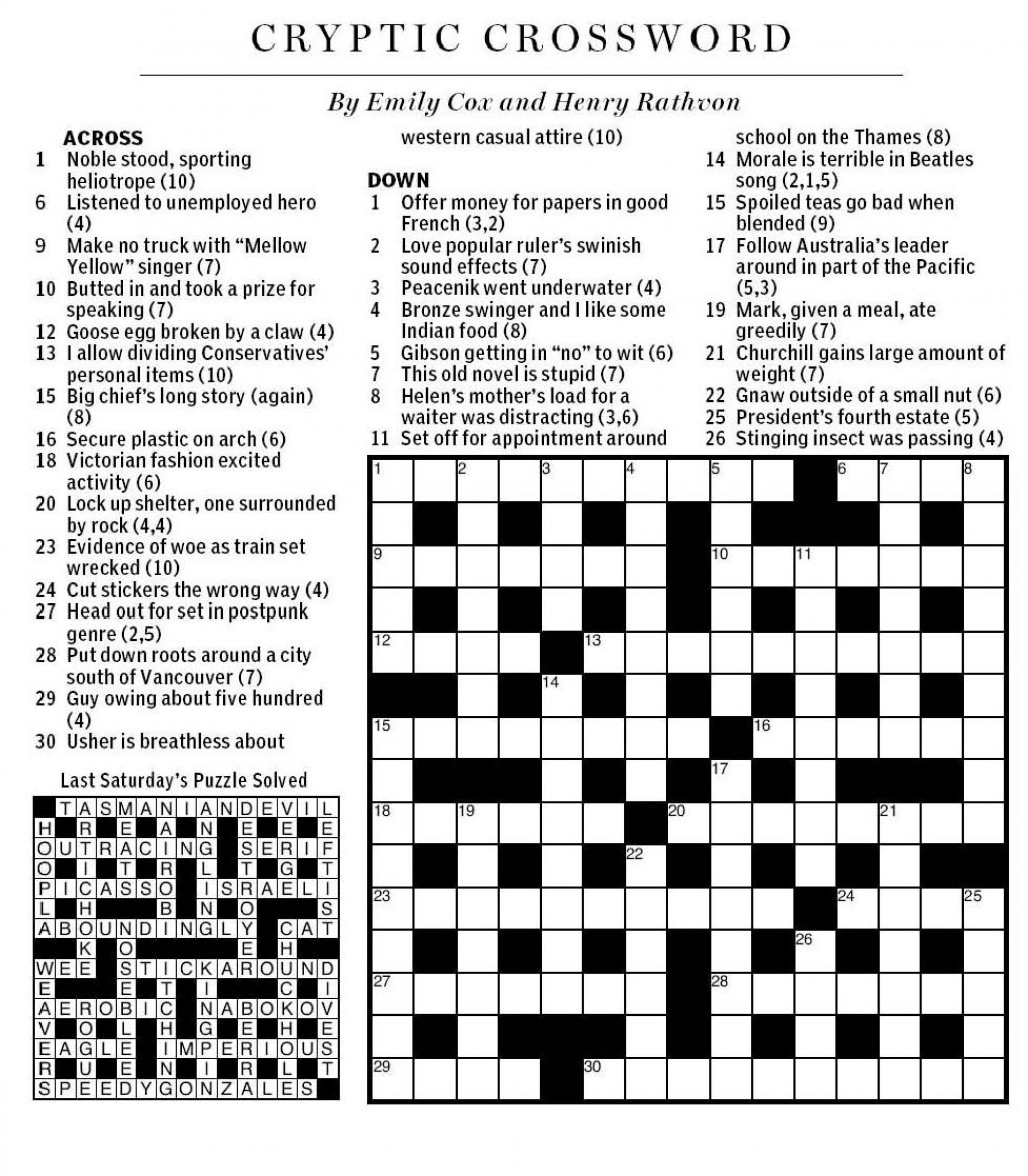 Free Printable LA Times Crossword Puzzles Answers Printables For 