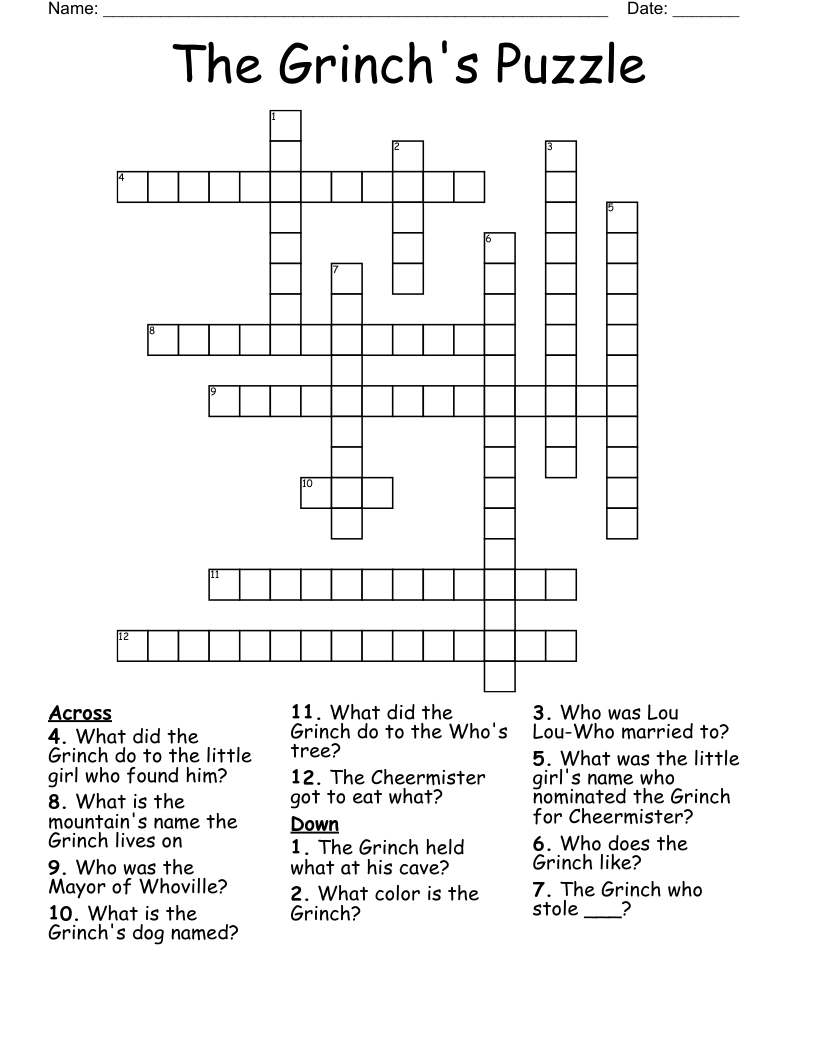 Grinch Crossword Puzzle Printable Free Daily Crossword