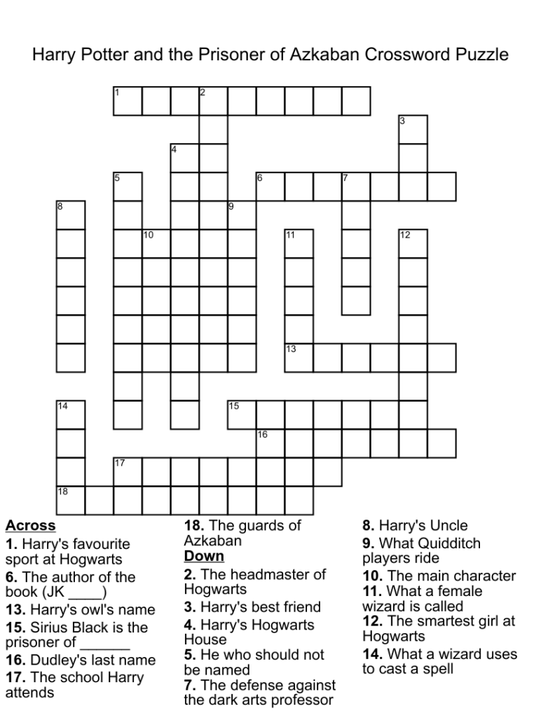 Harry Potter Crossword Puzzle Free Printable Crosswords