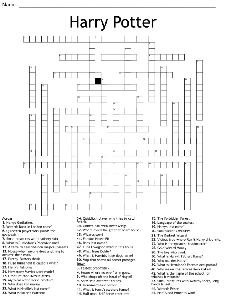 Harry Potter Crossword Puzzle Free Printable Crosswords