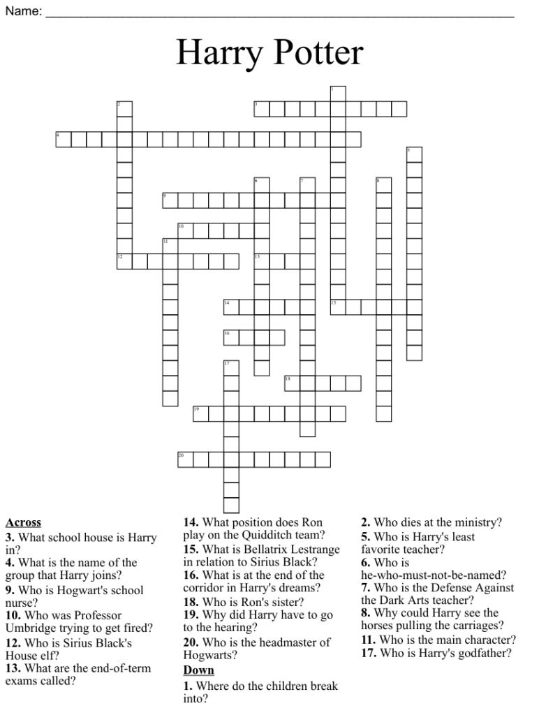 Harry Potter Crossword Puzzle Free Printable Crosswords