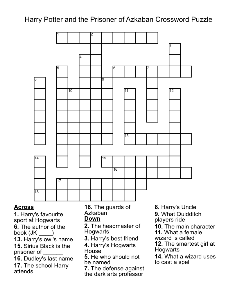 Harry Potter Spells Crossword Puzzle Printable Akpwash