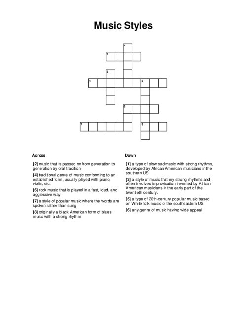 Music Crossword Puzzle Free Printable Crosswords