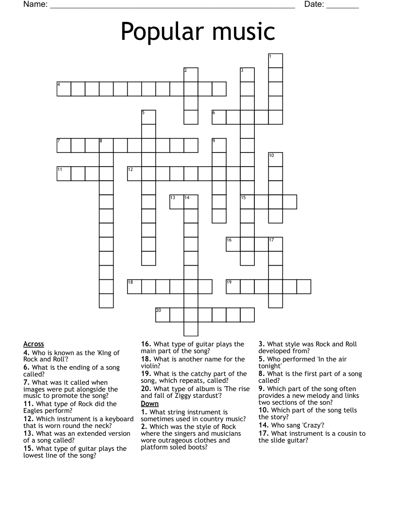 Music Crosswords Printable All FREE Printables