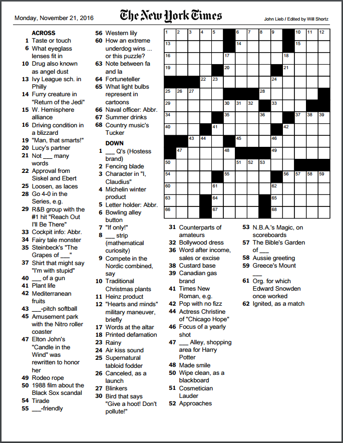 New York Times Crossword Puzzle Printable Today Free Printable Crosswords