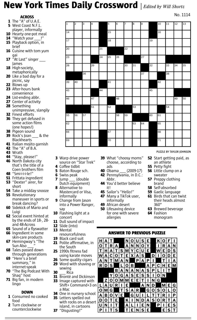 New York Times Crossword Seattle Times Printable Crossword