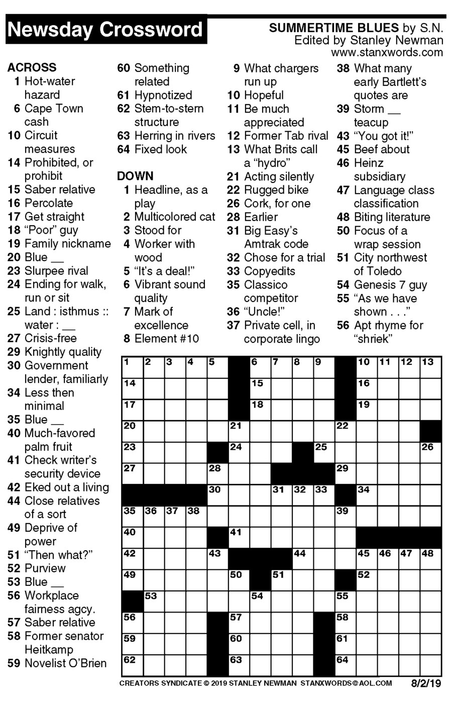 Newsday Crossword Puzzle Today Free Printable Crosswords