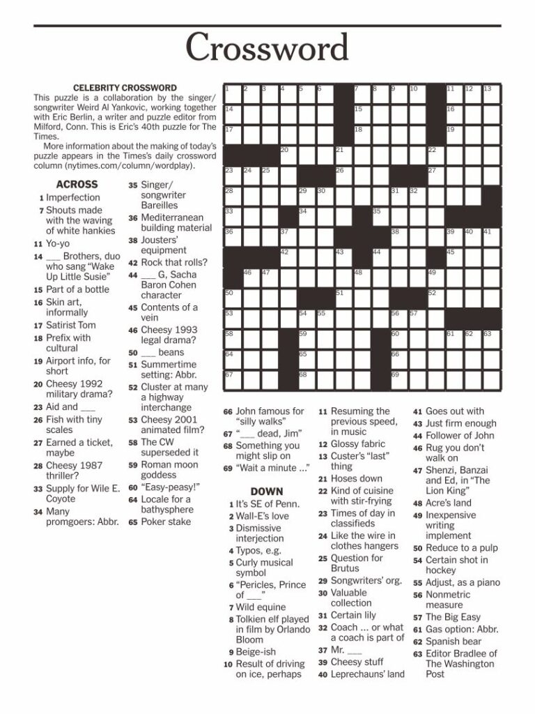 Nyt Sunday Crossword Printable Free Printable Crosswords