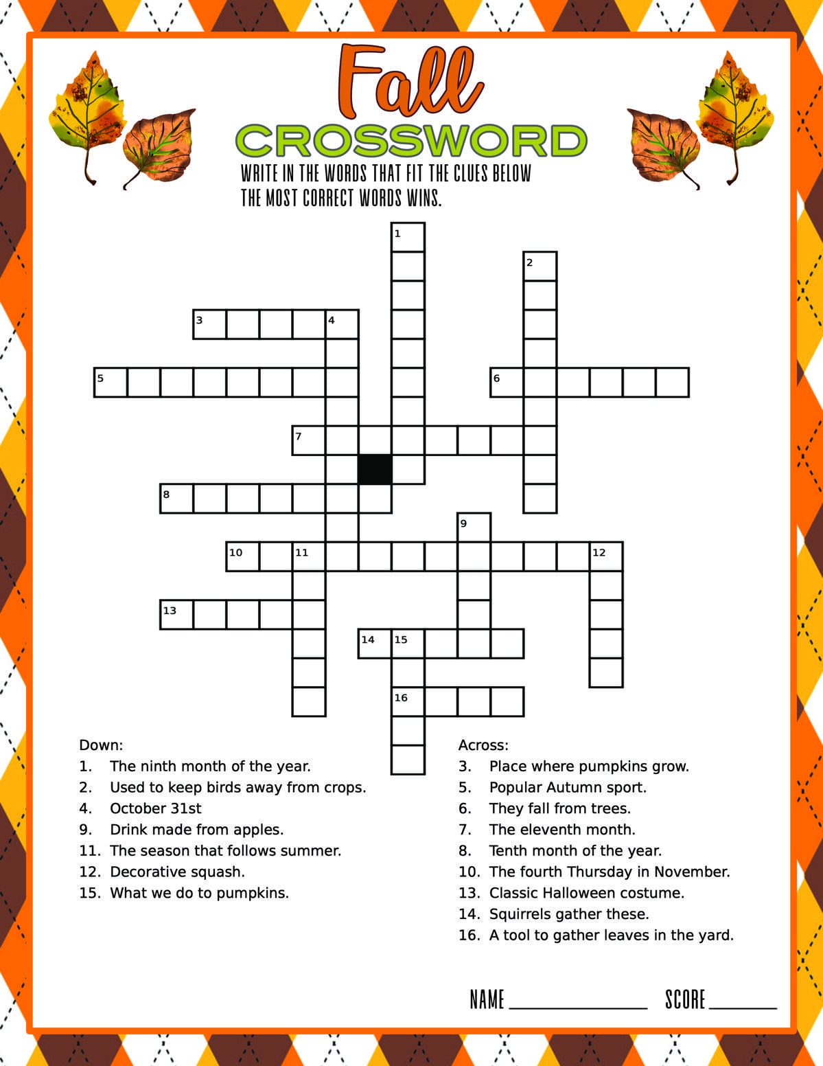 Printable Autumn Crossword Puzzles PrintableLib