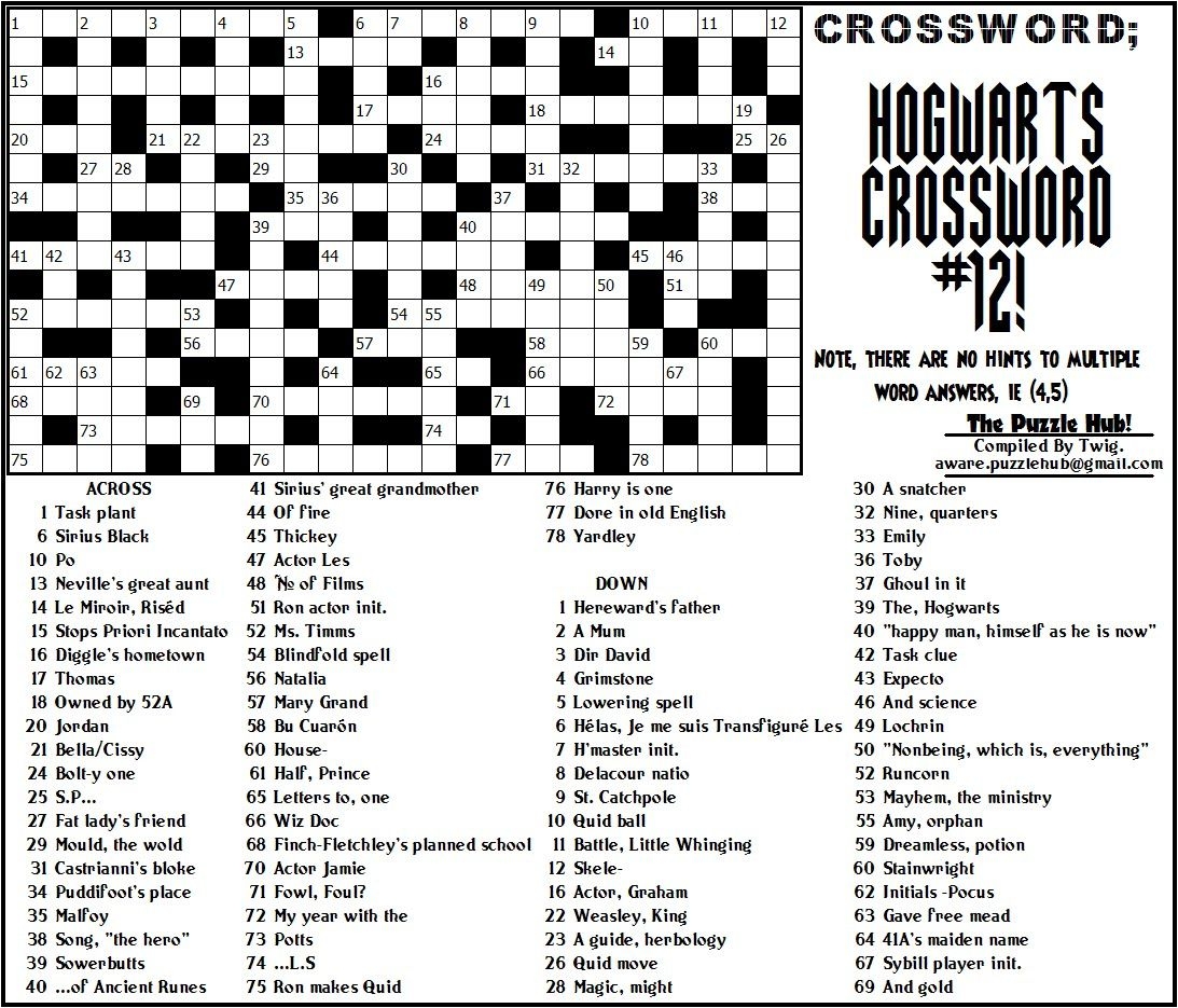 Printable Harry Potter Crossword Printable Sight Words List