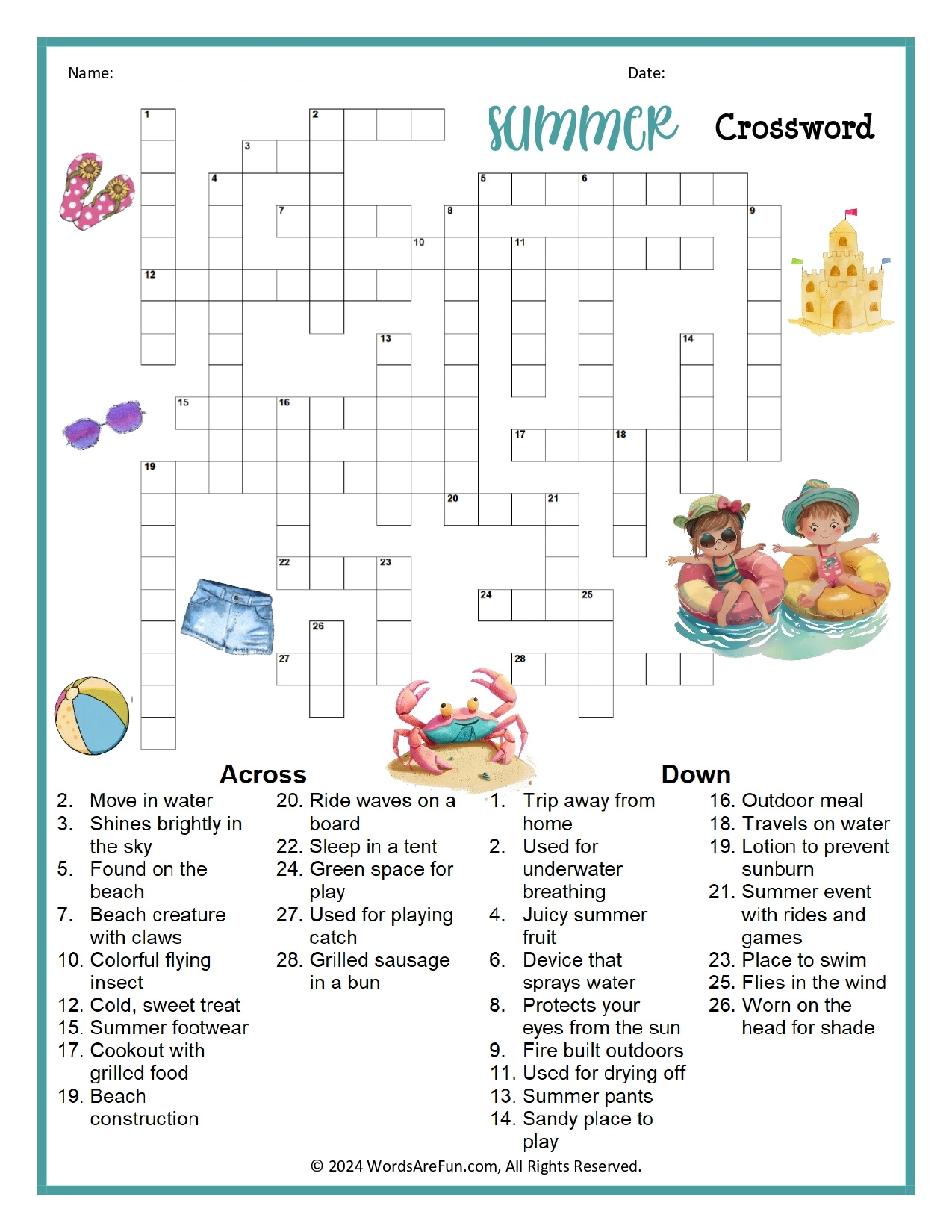 Summer Crossword Puzzle Printable FREE Printable HQ