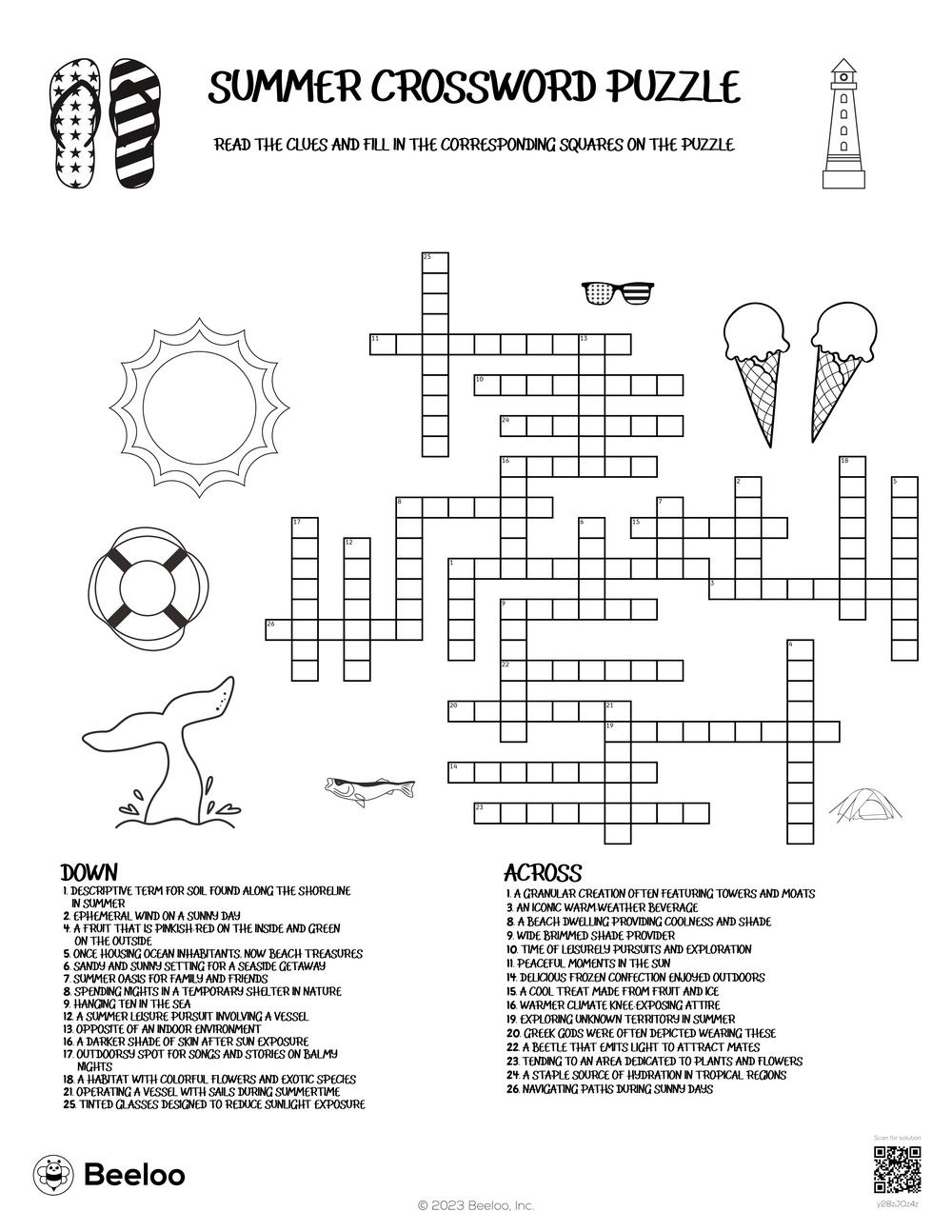 Summer Crossword Puzzle Printable FREE Printable