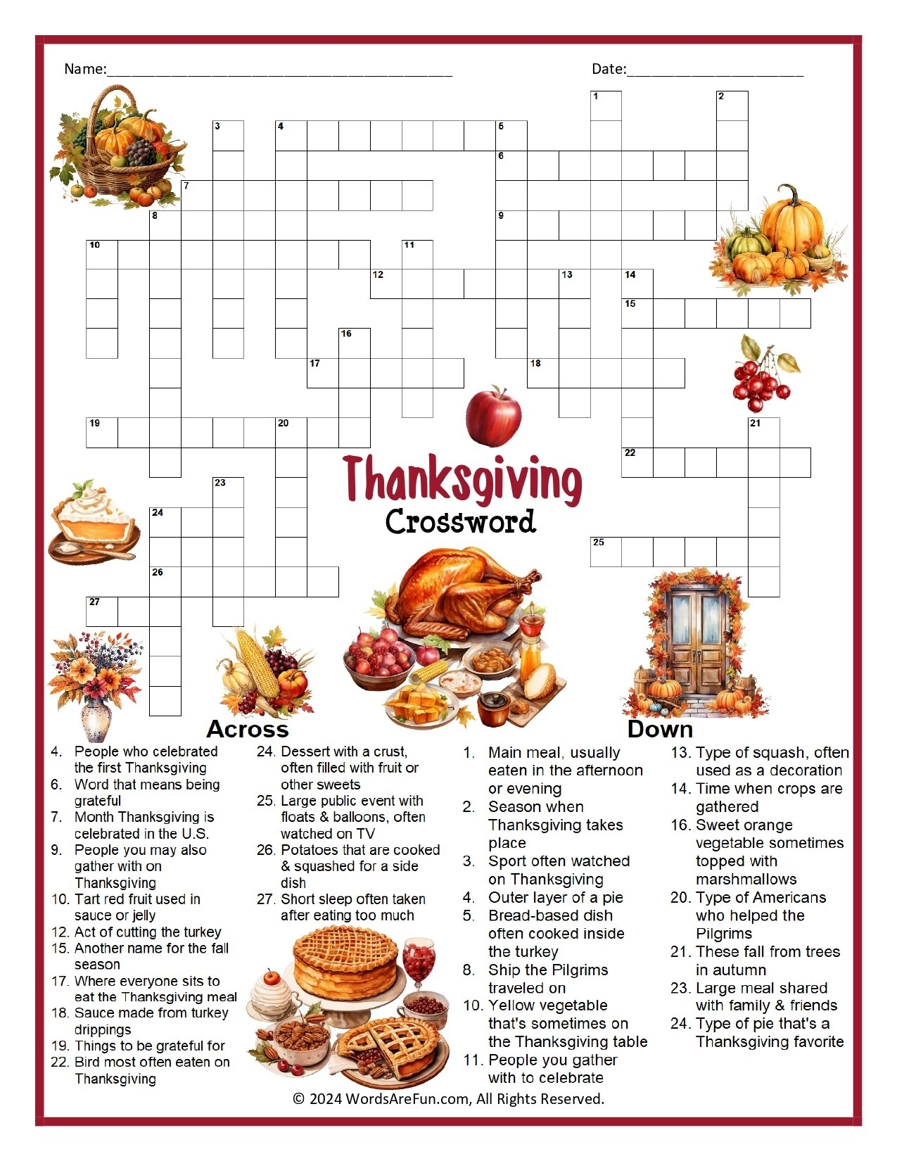 Thanksgiving Crossword Puzzle Printable Astra edu pl