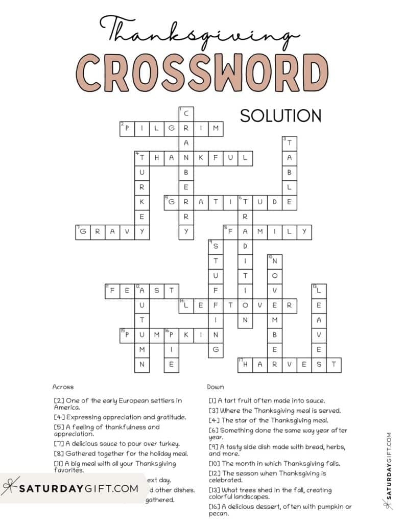 Thanksgiving Crossword Puzzle Printable Free FREE Printable