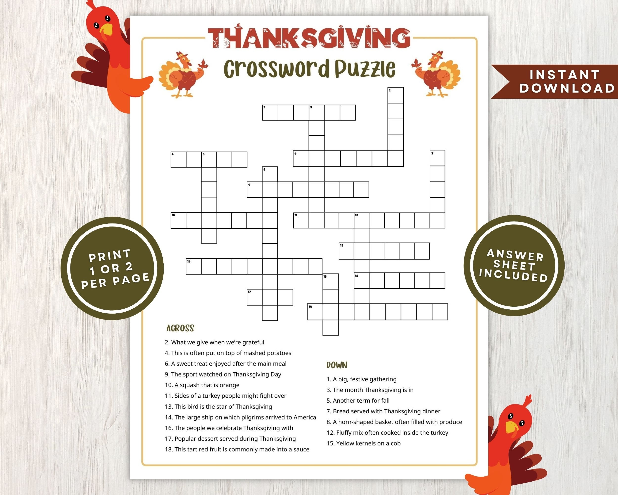 Thanksgiving Crossword Puzzle Printable FREE Printable A Z