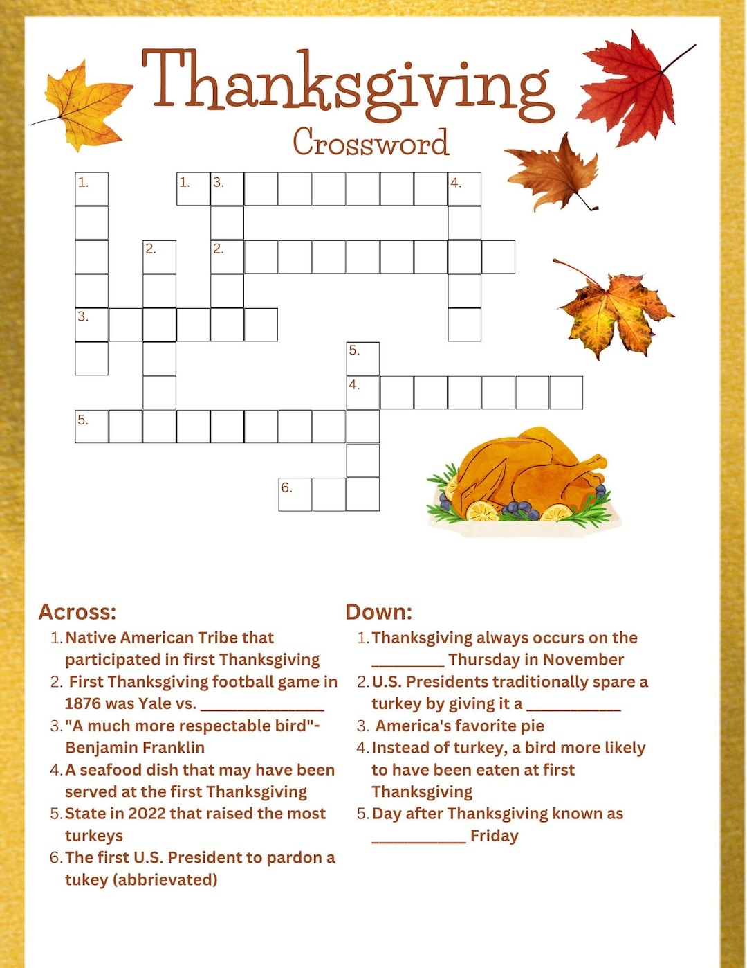 Thanksgiving Day Crossword Printables FREE Printable