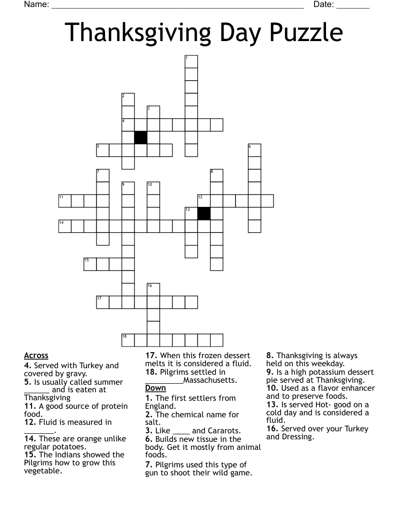 Thanksgiving Day Crossword Printables Gerald Printable
