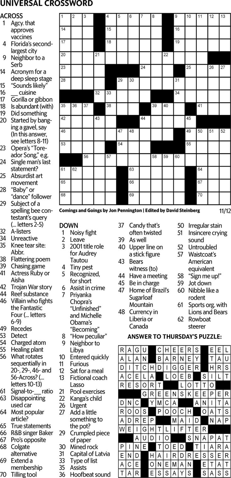 Universal Crossword Puzzle For Today Answers Free Printable Printable 